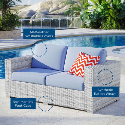 Convene Outdoor Patio Loveseat, Rattan, Wicker, Light Grey Gray Light Blue, 19735