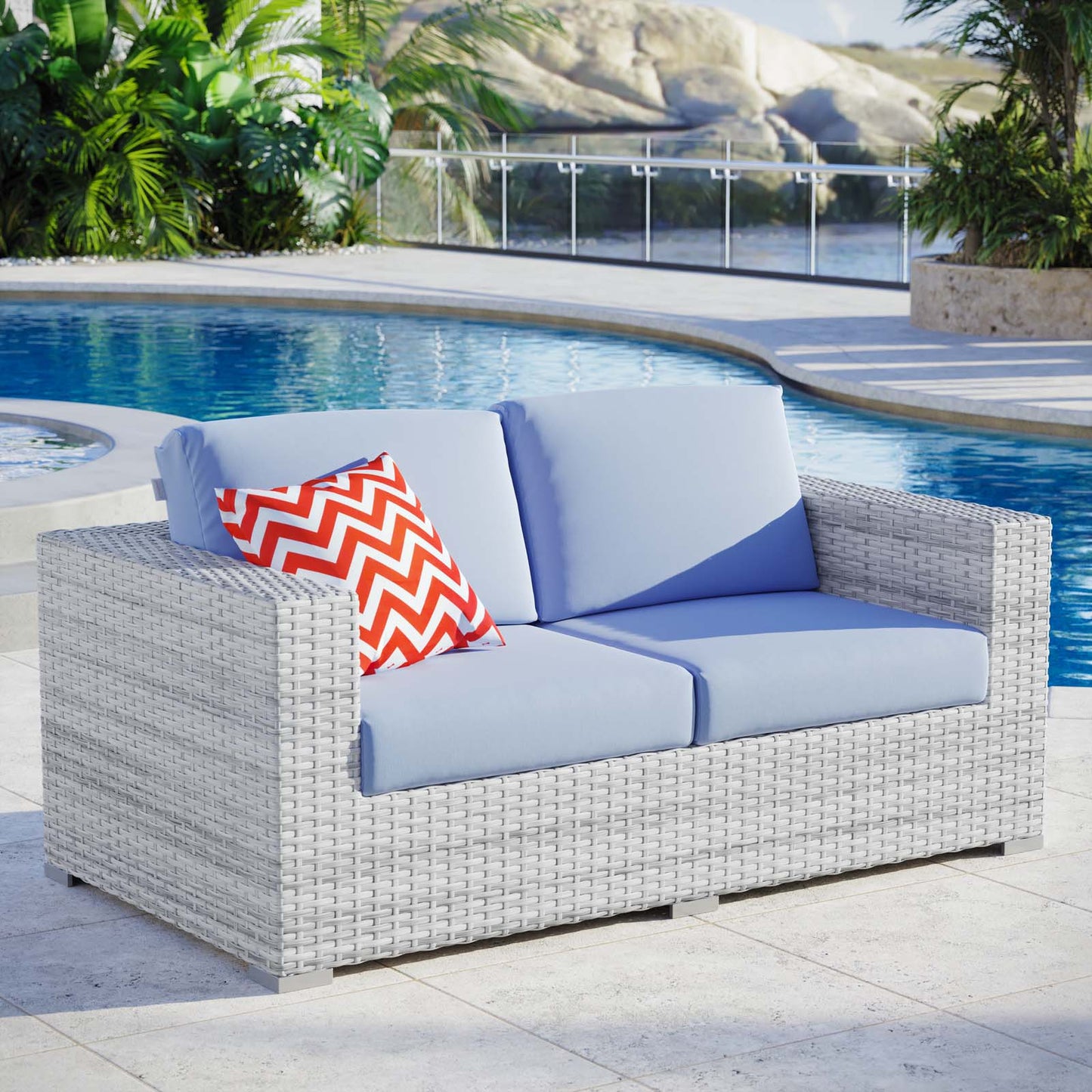 Convene Outdoor Patio Loveseat, Rattan, Wicker, Light Grey Gray Light Blue, 19735