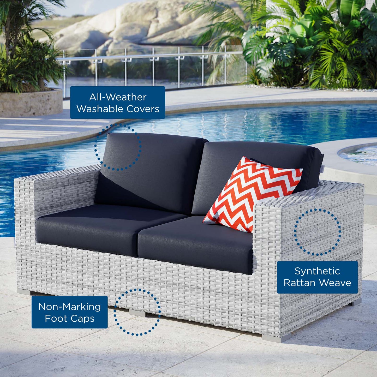Convene Outdoor Patio Loveseat, Rattan, Wicker, Light Grey Gray Blue Navy, 19736