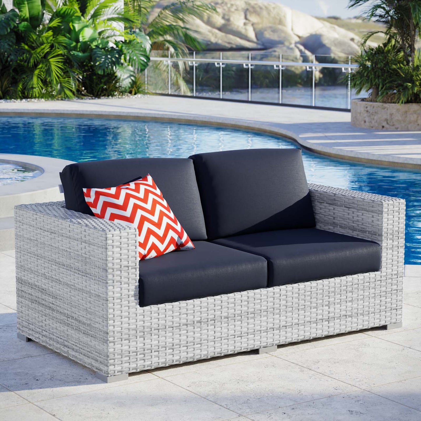 Convene Outdoor Patio Loveseat, Rattan, Wicker, Light Grey Gray Blue Navy, 19736