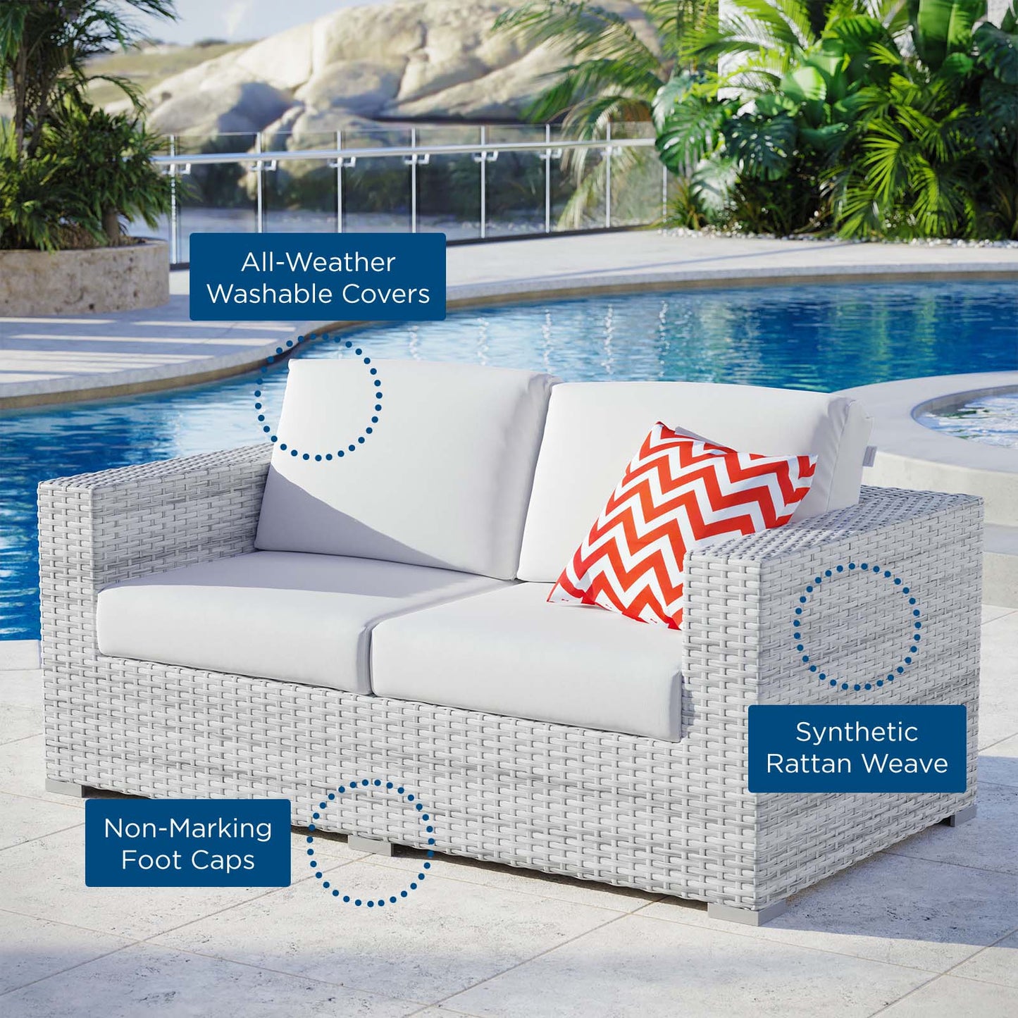 Convene Outdoor Patio Loveseat, Rattan, Wicker, Light Grey Gray White, 19737