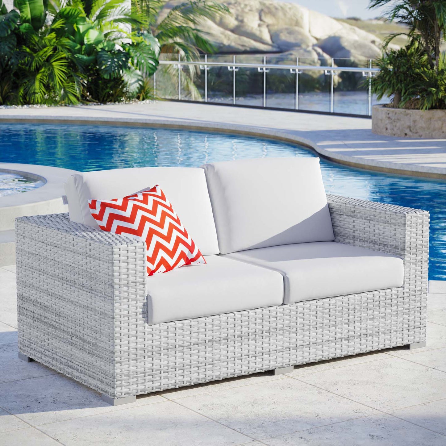Convene Outdoor Patio Loveseat, Rattan, Wicker, Light Grey Gray White, 19737