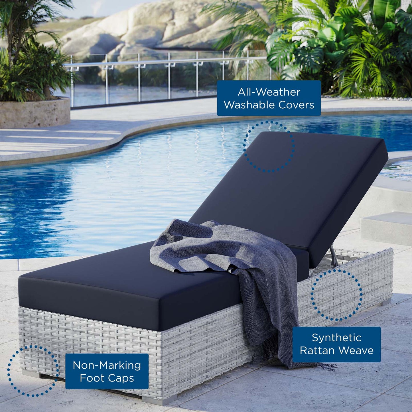 Convene Outdoor Patio Chaise, Rattan, Wicker, Light Grey Gray Blue Navy, 19741