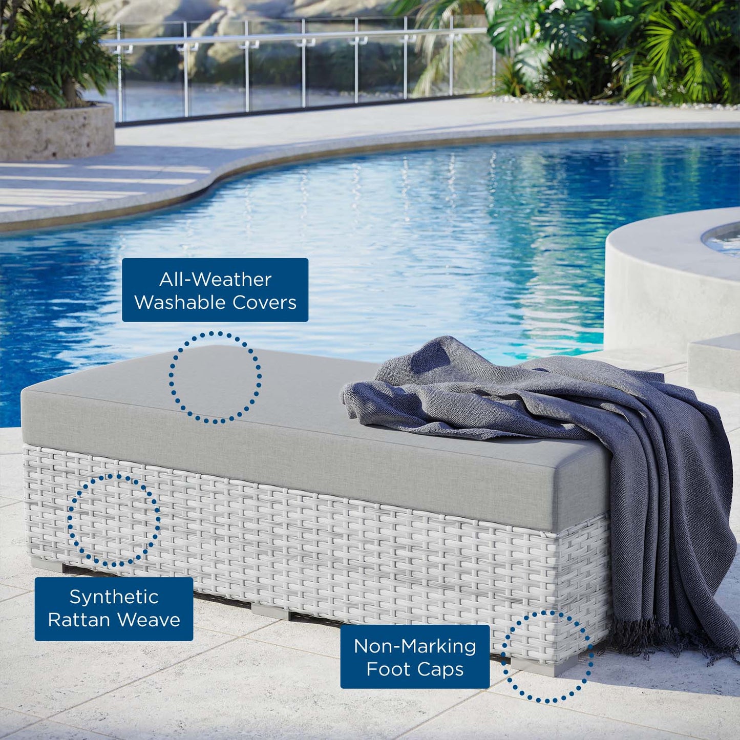 Convene Outdoor Patio Rectangular Ottoman, Rattan, Wicker, Grey Gray, 19744