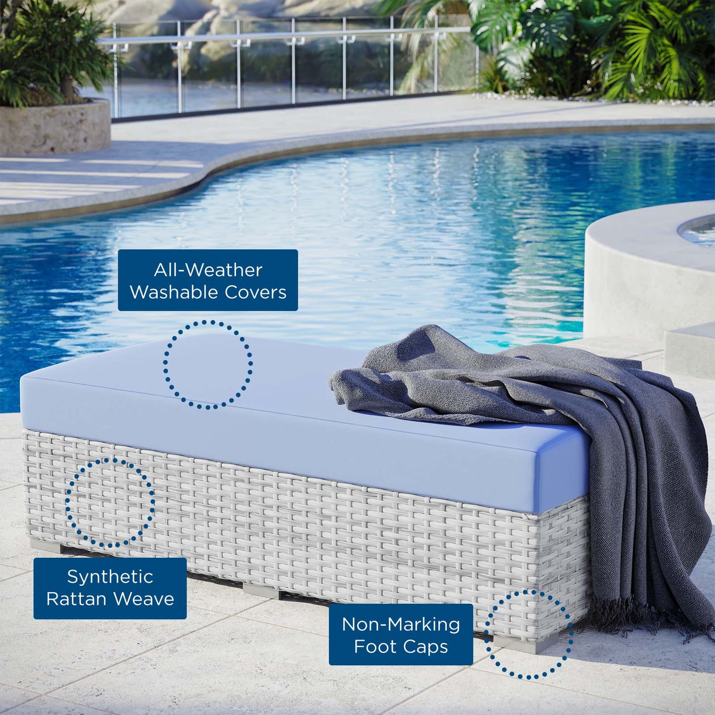 Convene Outdoor Patio Rectangular Ottoman, Rattan, Wicker, Light Grey Gray Light Blue, 19745