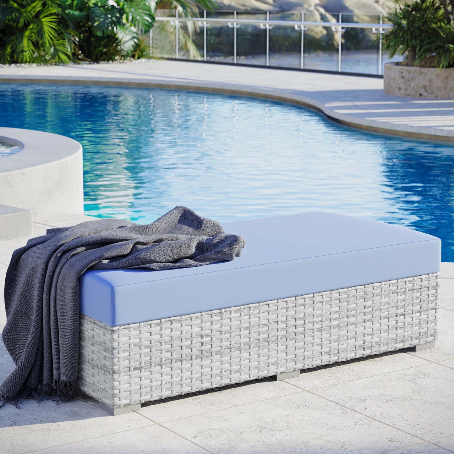 Convene Outdoor Patio Rectangular Ottoman, Rattan, Wicker, Light Grey Gray Light Blue, 19745