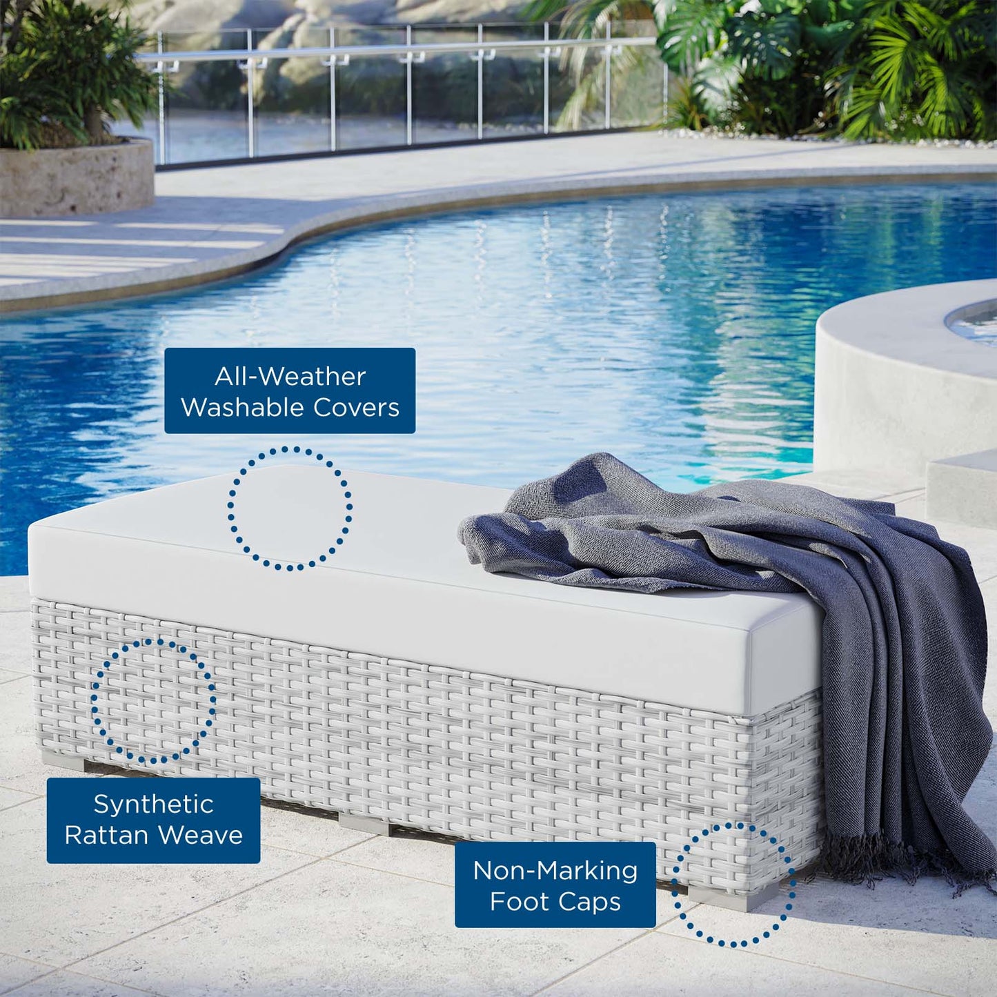Convene Outdoor Patio Rectangular Ottoman, Rattan, Wicker, Light Grey Gray White, 19747