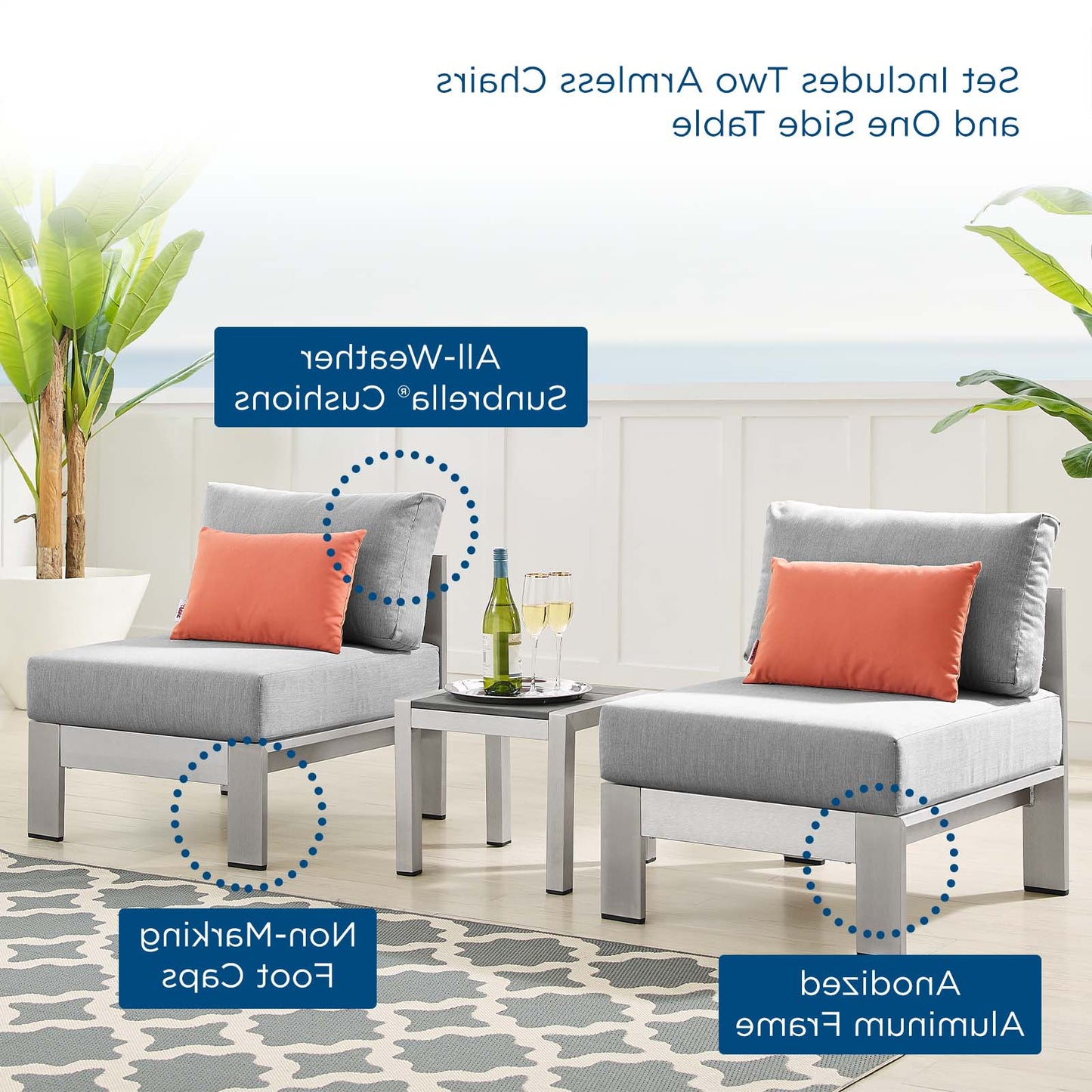 Shore Sunbrella® Fabric Outdoor Patio Aluminum 3 Piece Set, Fabric, Aluminum, Metal, Steel, Silver Grey Gray, 19751