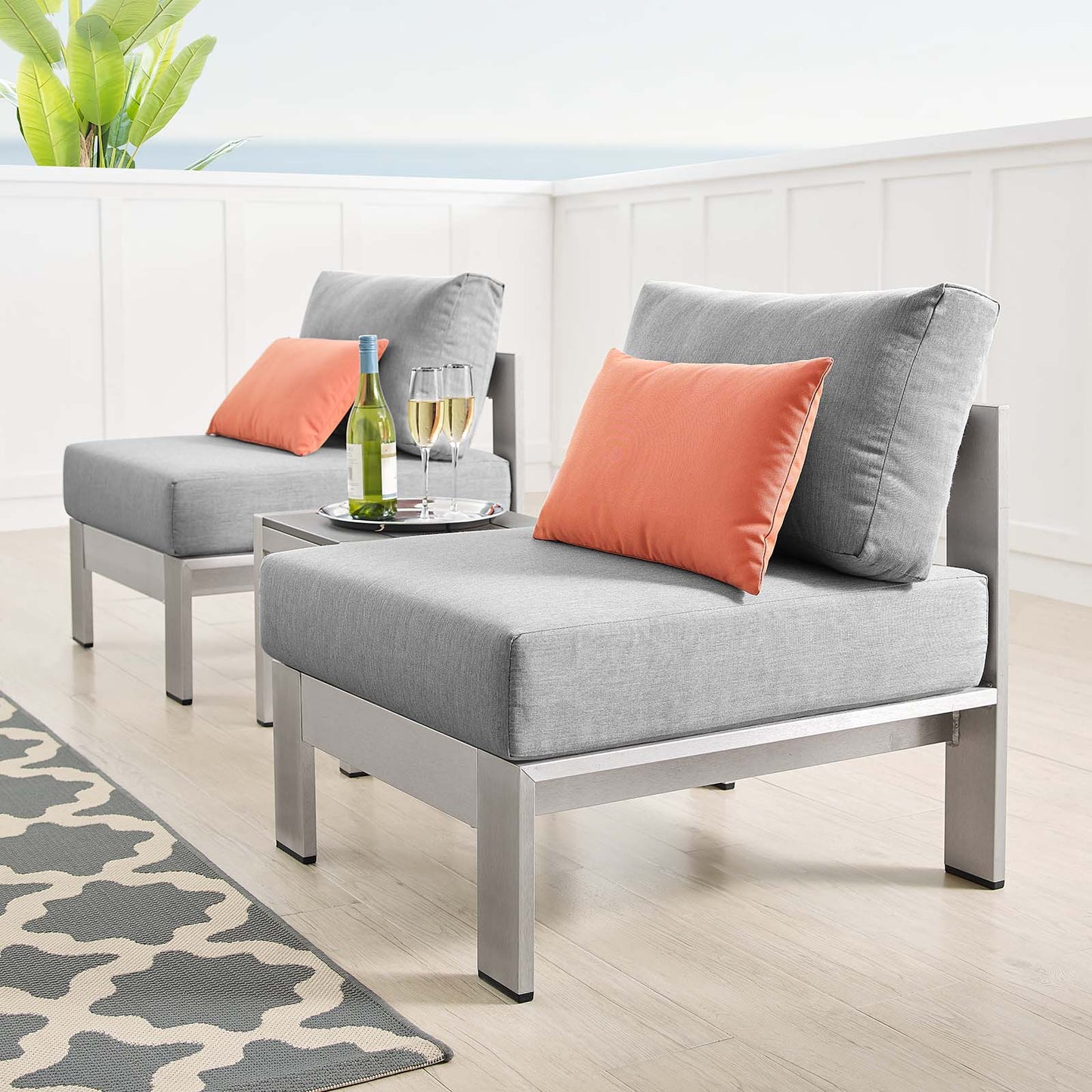 Shore Sunbrella® Fabric Outdoor Patio Aluminum 3 Piece Set, Fabric, Aluminum, Metal, Steel, Silver Grey Gray, 19751