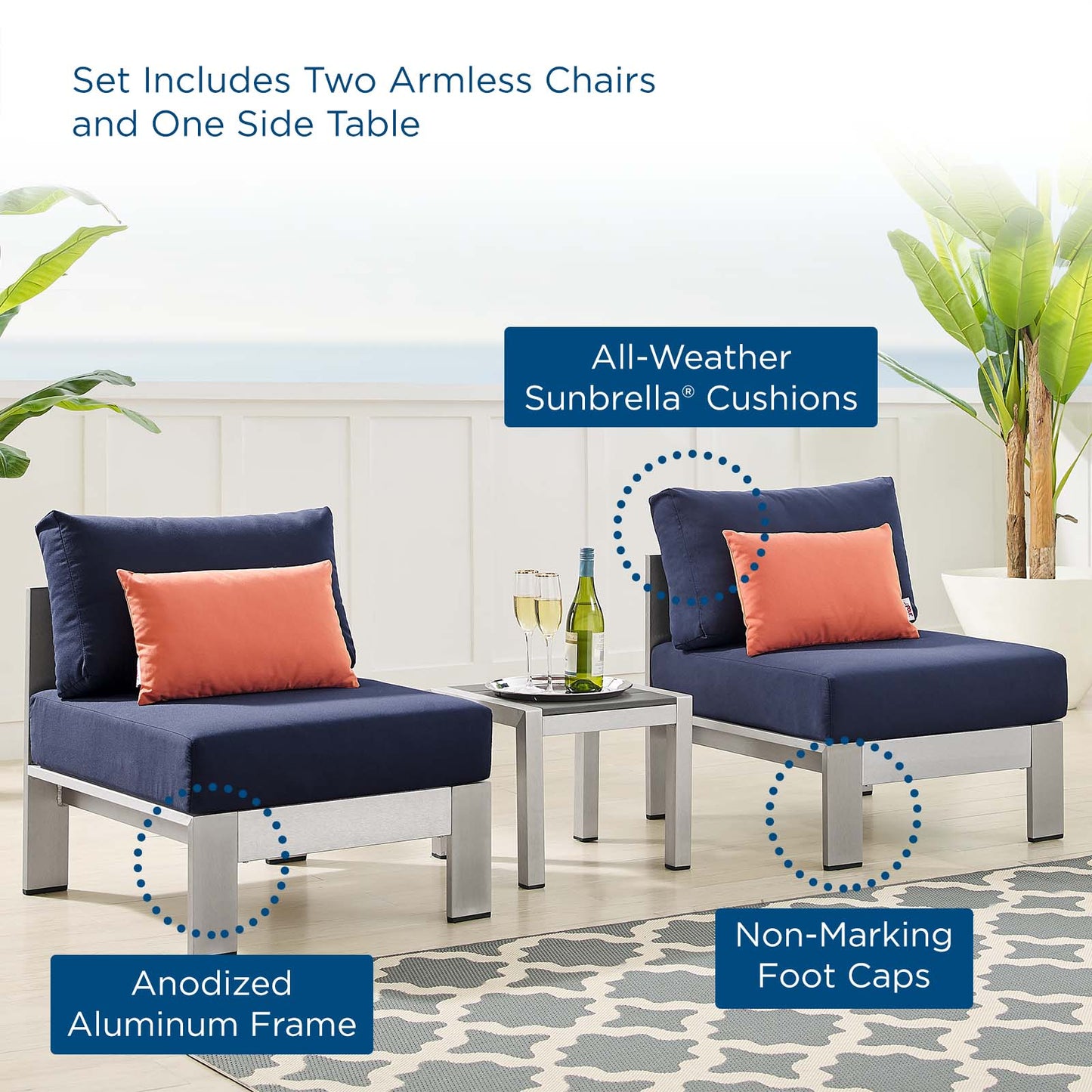 Shore Sunbrella® Fabric Outdoor Patio Aluminum 3 Piece Set, Fabric, Aluminum, Metal, Steel, Silver Blue Navy, 19752