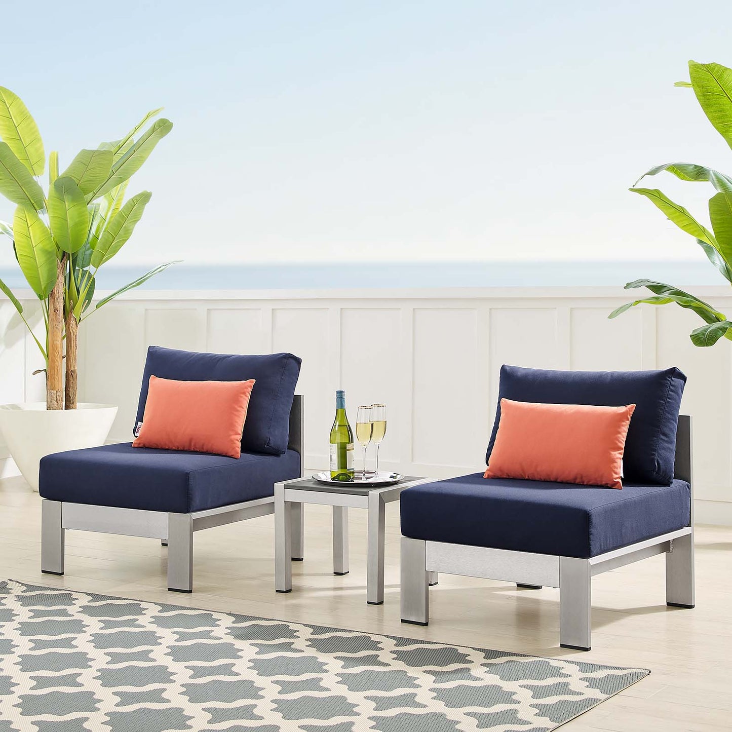 Shore Sunbrella® Fabric Outdoor Patio Aluminum 3 Piece Set, Fabric, Aluminum, Metal, Steel, Silver Blue Navy, 19752