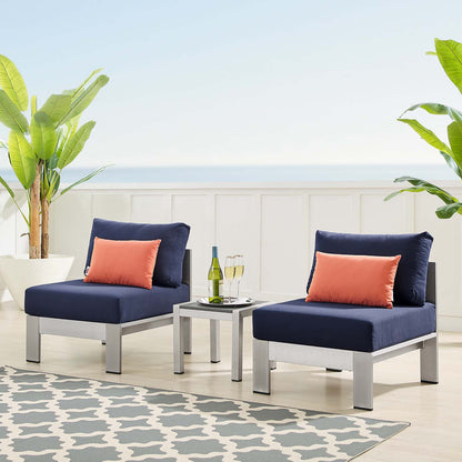 Shore Sunbrella® Fabric Outdoor Patio Aluminum 3 Piece Set, Fabric, Aluminum, Metal, Steel, Silver Blue Navy, 19752