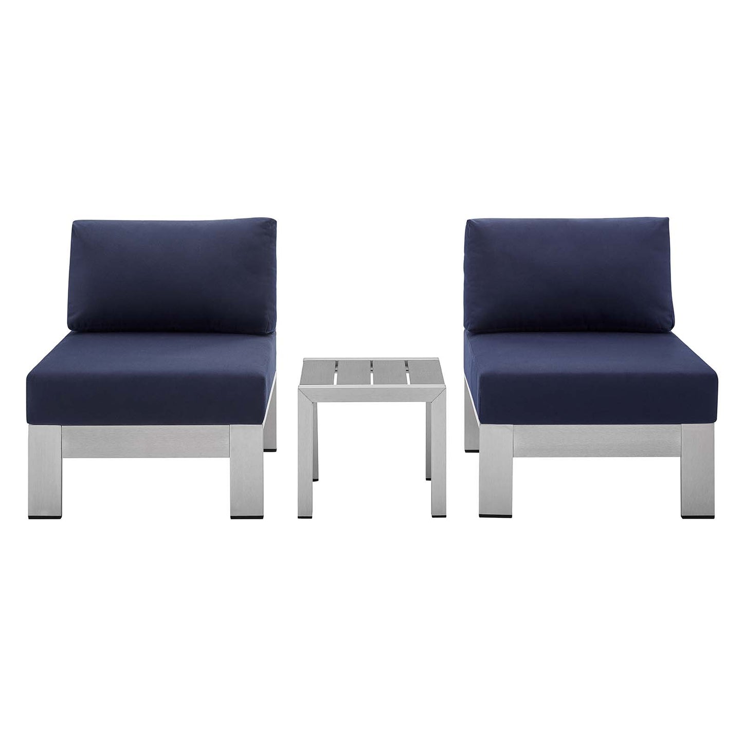Shore Sunbrella® Fabric Outdoor Patio Aluminum 3 Piece Set, Fabric, Aluminum, Metal, Steel, Silver Blue Navy, 19752