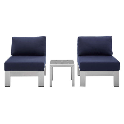 Shore Sunbrella® Fabric Outdoor Patio Aluminum 3 Piece Set, Fabric, Aluminum, Metal, Steel, Silver Blue Navy, 19752