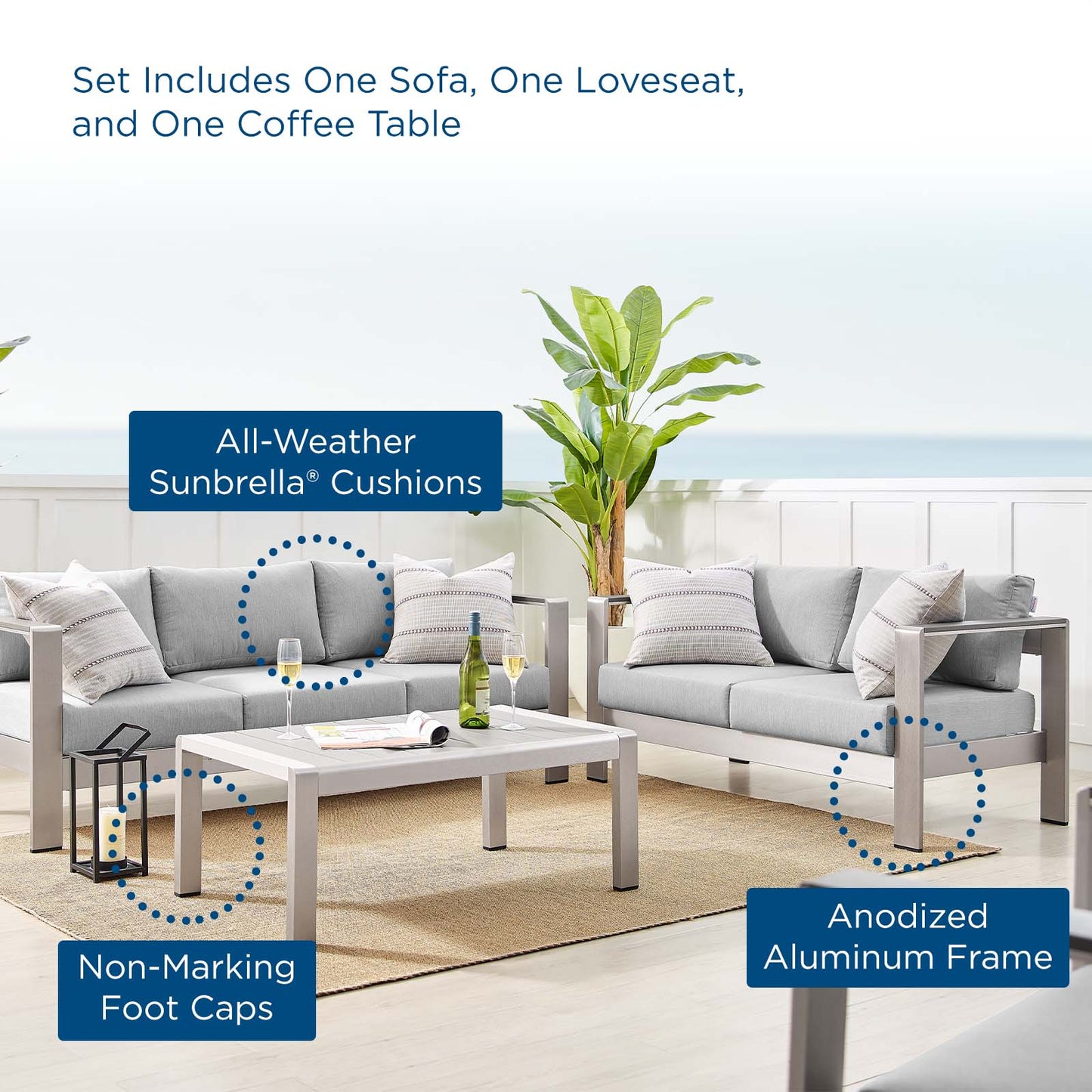 Shore Sunbrella® Fabric Outdoor Patio Aluminum 3 Piece Set, Fabric, Aluminum, Metal, Steel, Silver Grey Gray, 19753