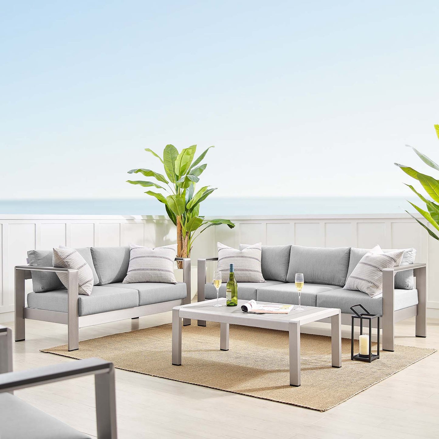 Shore Sunbrella® Fabric Outdoor Patio Aluminum 3 Piece Set, Fabric, Aluminum, Metal, Steel, Silver Grey Gray, 19753