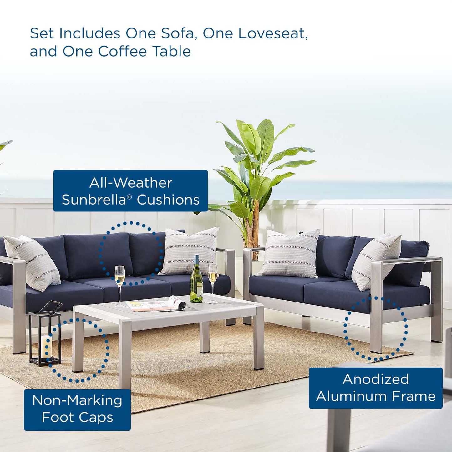 Shore Sunbrella® Fabric Outdoor Patio Aluminum 3 Piece Set, Fabric, Aluminum, Metal, Steel, Silver Blue Navy, 19754