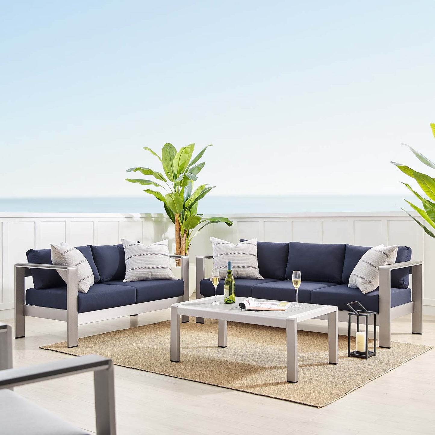 Shore Sunbrella® Fabric Outdoor Patio Aluminum 3 Piece Set, Fabric, Aluminum, Metal, Steel, Silver Blue Navy, 19754