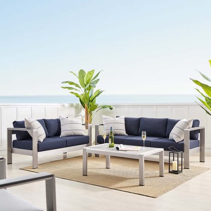 Shore Sunbrella® Fabric Outdoor Patio Aluminum 3 Piece Set, Fabric, Aluminum, Metal, Steel, Silver Blue Navy, 19754