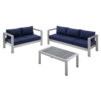 Shore Sunbrella® Fabric Outdoor Patio Aluminum 3 Piece Set, Fabric, Aluminum, Metal, Steel, Silver Blue Navy, 19754