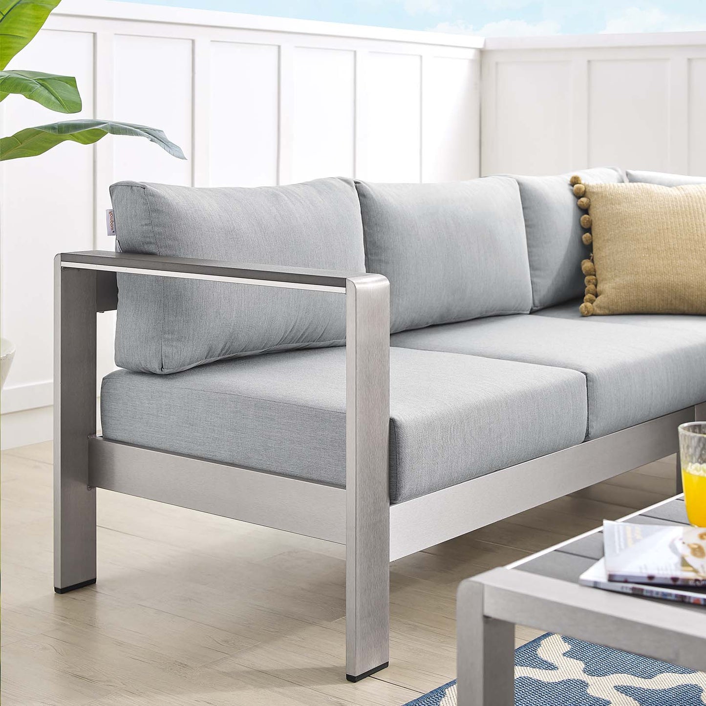 Shore Sunbrella® Fabric Outdoor Patio Aluminum 4 Piece Sectional Sofa Set, Fabric, Aluminum, Metal, Steel, Silver Grey Gray, 19755
