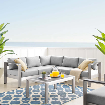 Shore Sunbrella® Fabric Outdoor Patio Aluminum 4 Piece Sectional Sofa Set, Fabric, Aluminum, Metal, Steel, Silver Grey Gray, 19755