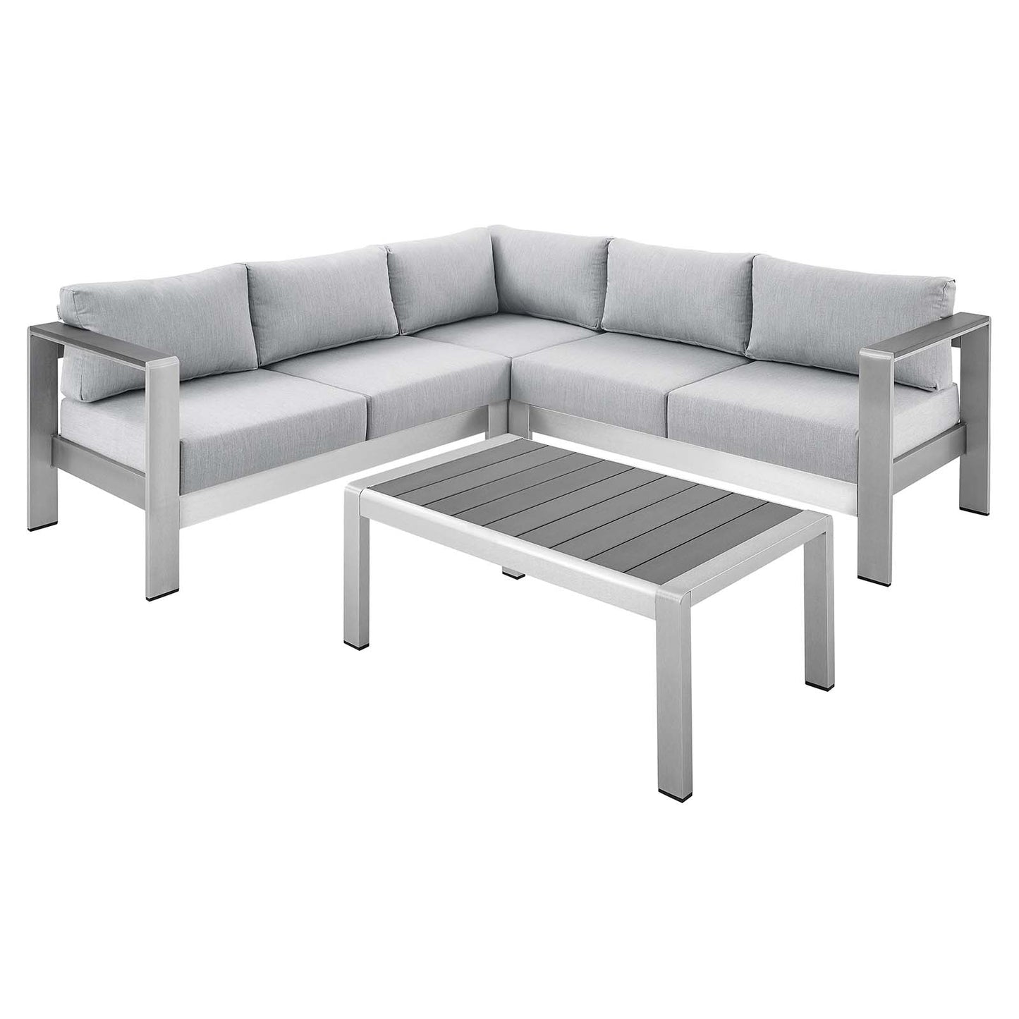Shore Sunbrella® Fabric Outdoor Patio Aluminum 4 Piece Sectional Sofa Set, Fabric, Aluminum, Metal, Steel, Silver Grey Gray, 19755