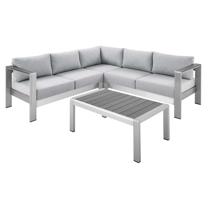 Shore Sunbrella® Fabric Outdoor Patio Aluminum 4 Piece Sectional Sofa Set, Fabric, Aluminum, Metal, Steel, Silver Grey Gray, 19755