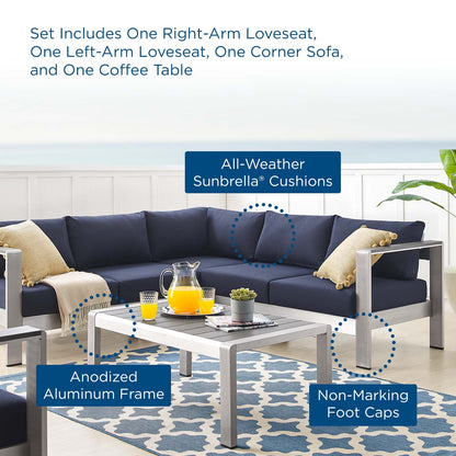 Shore Sunbrella® Fabric Outdoor Patio Aluminum 4 Piece Sectional Sofa Set, Fabric, Aluminum, Metal, Steel, Silver Blue Navy, 19756