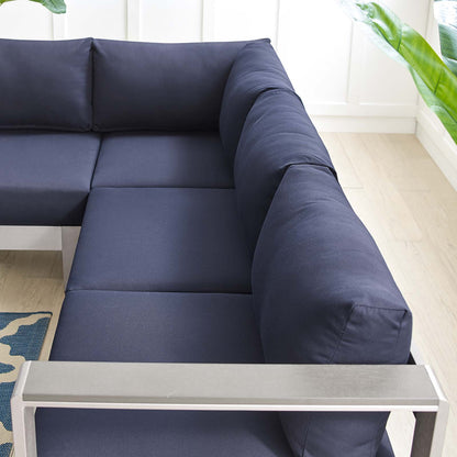 Shore Sunbrella® Fabric Outdoor Patio Aluminum 4 Piece Sectional Sofa Set, Fabric, Aluminum, Metal, Steel, Silver Blue Navy, 19756