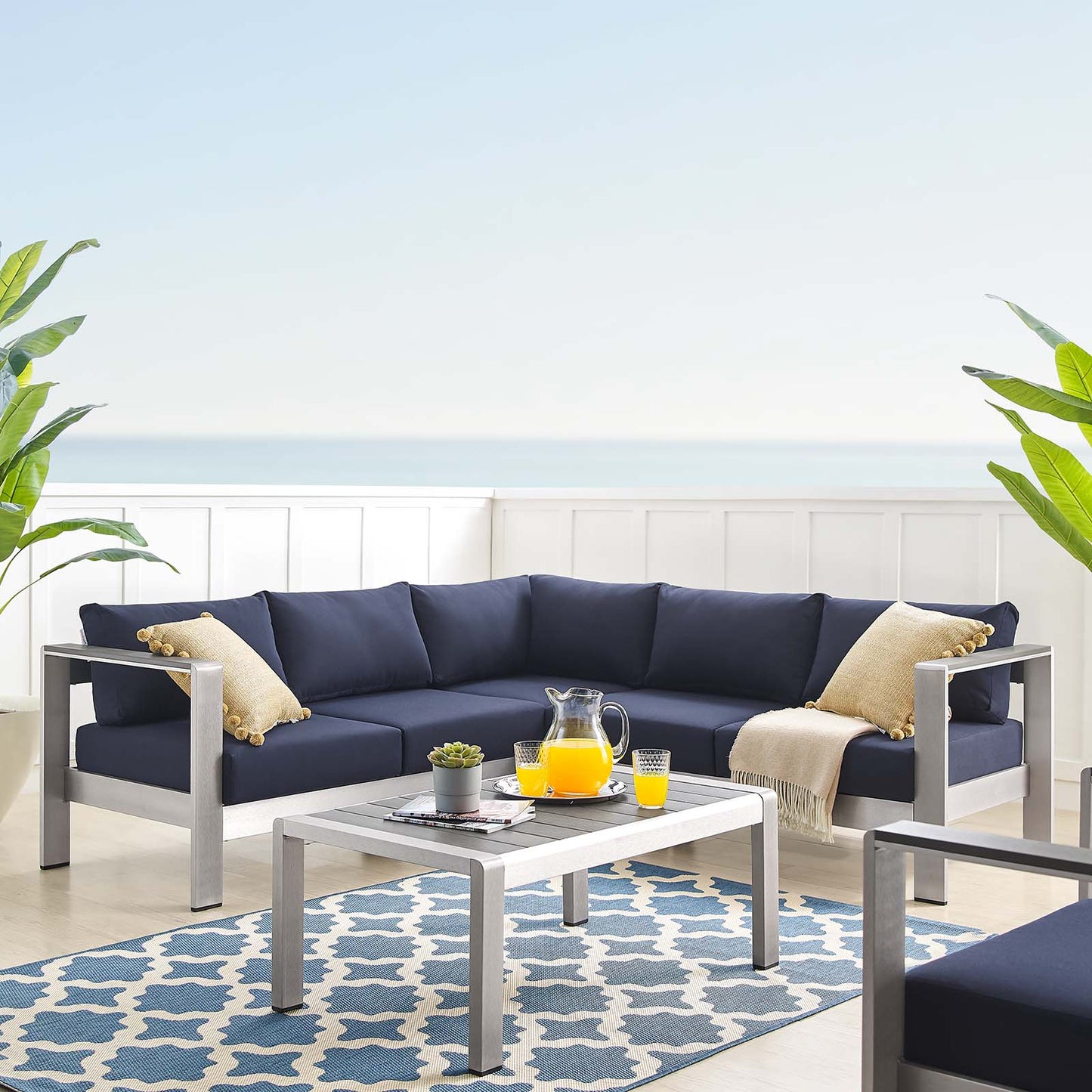 Shore Sunbrella® Fabric Outdoor Patio Aluminum 4 Piece Sectional Sofa Set, Fabric, Aluminum, Metal, Steel, Silver Blue Navy, 19756