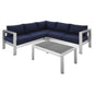 Shore Sunbrella® Fabric Outdoor Patio Aluminum 4 Piece Sectional Sofa Set, Fabric, Aluminum, Metal, Steel, Silver Blue Navy, 19756