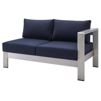 Shore Sunbrella® Fabric Outdoor Patio Aluminum 4 Piece Sectional Sofa Set, Fabric, Aluminum, Metal, Steel, Silver Blue Navy, 19756