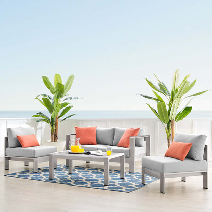 Shore Sunbrella® Fabric Outdoor Patio Aluminum 4 Piece Set, Fabric, Aluminum, Metal, Steel, Silver Grey Gray, 19757
