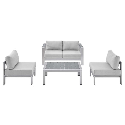 Shore Sunbrella® Fabric Outdoor Patio Aluminum 4 Piece Set, Fabric, Aluminum, Metal, Steel, Silver Grey Gray, 19757