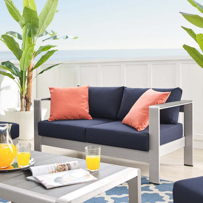 Shore Sunbrella® Fabric Outdoor Patio Aluminum 4 Piece Set, Fabric, Aluminum, Metal, Steel, Silver Blue Navy, 19758
