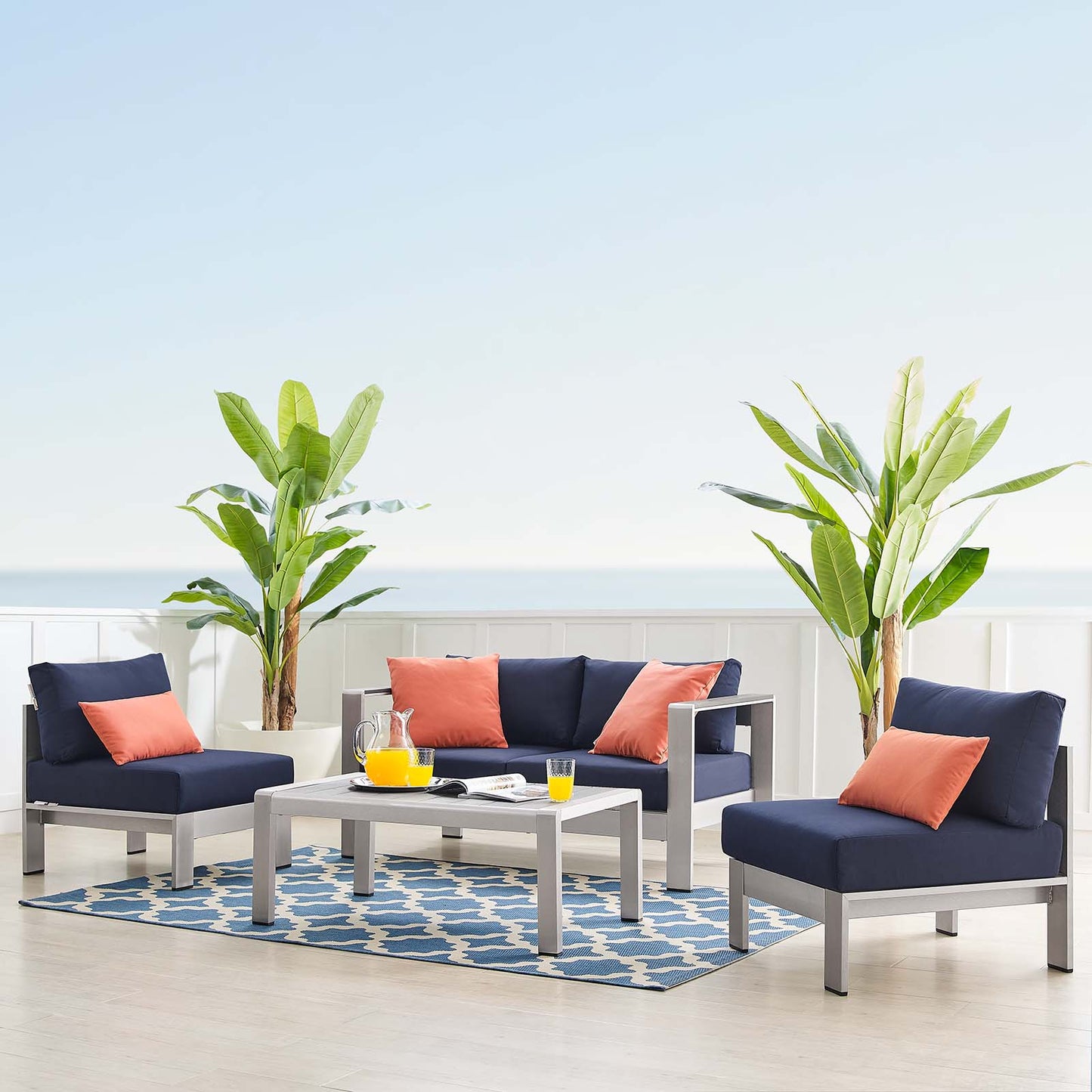 Shore Sunbrella® Fabric Outdoor Patio Aluminum 4 Piece Set, Fabric, Aluminum, Metal, Steel, Silver Blue Navy, 19758