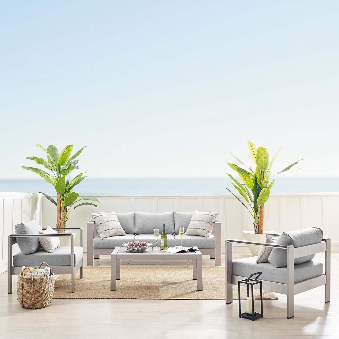 Shore Sunbrella® Fabric Outdoor Patio Aluminum 4 Piece Set, Fabric, Aluminum, Metal, Steel, Silver Grey Gray, 19759