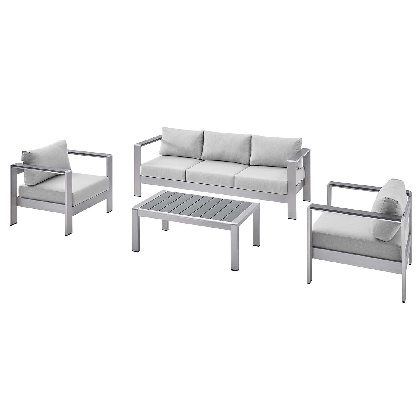 Shore Sunbrella® Fabric Outdoor Patio Aluminum 4 Piece Set, Fabric, Aluminum, Metal, Steel, Silver Grey Gray, 19759