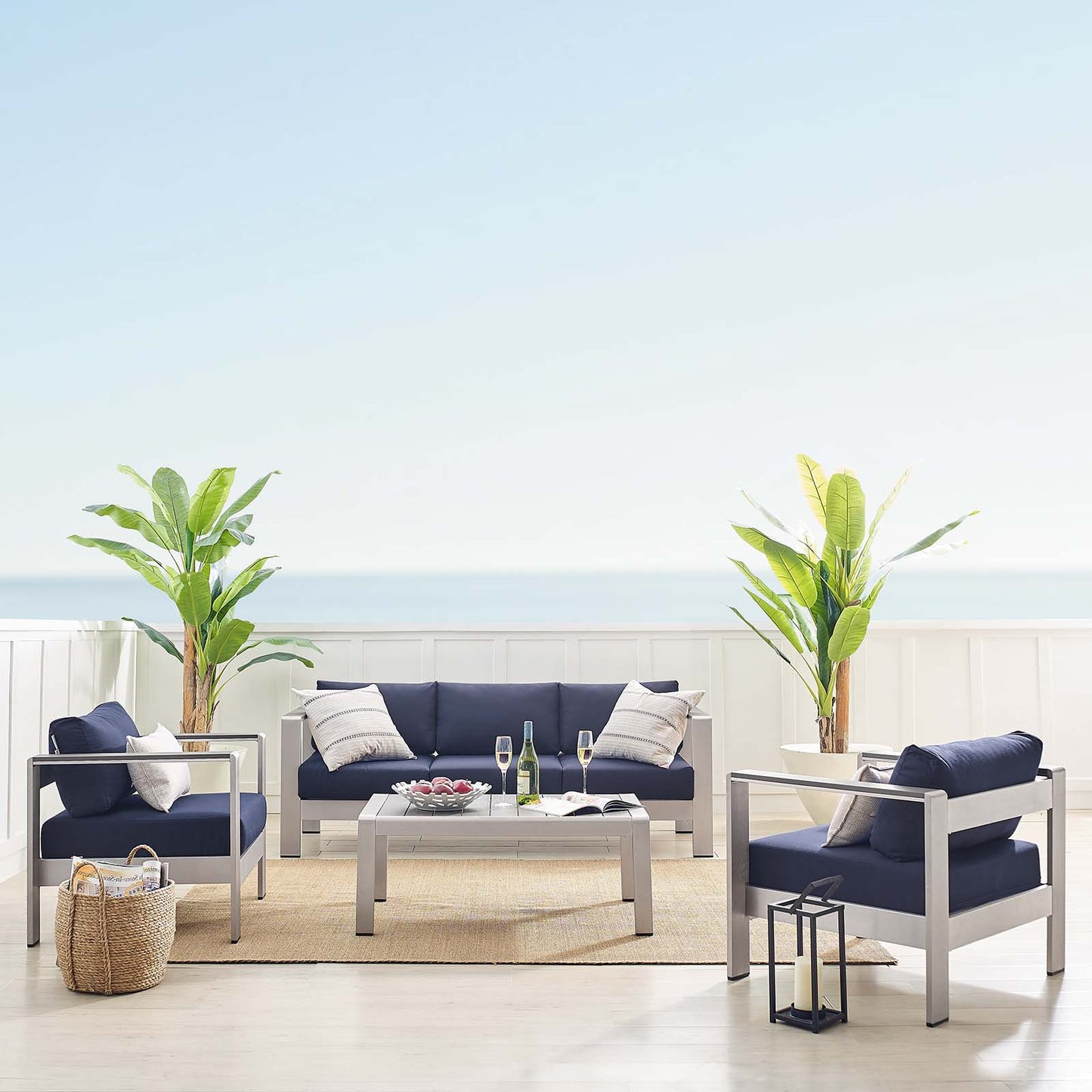 Shore Sunbrella® Fabric Outdoor Patio Aluminum 4 Piece Set, Fabric, Aluminum, Metal, Steel, Silver Blue Navy, 19760