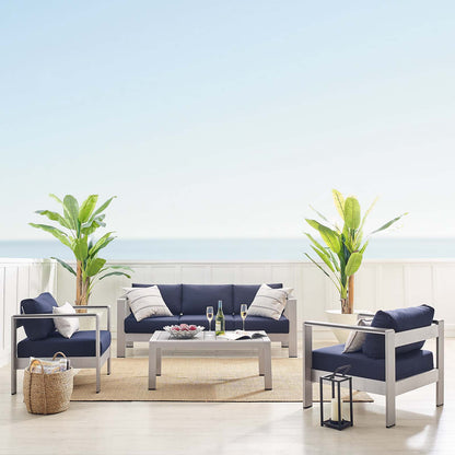 Shore Sunbrella® Fabric Outdoor Patio Aluminum 4 Piece Set, Fabric, Aluminum, Metal, Steel, Silver Blue Navy, 19760