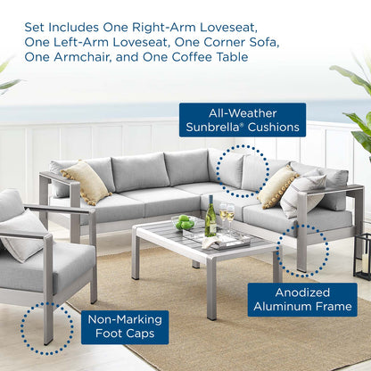 Shore Sunbrella® Fabric Outdoor Patio Aluminum 5 Piece Sectional Sofa Set, Fabric, Aluminum, Metal, Steel, Silver Grey Gray, 19761