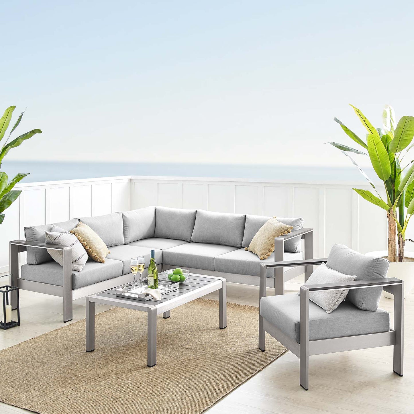 Shore Sunbrella® Fabric Outdoor Patio Aluminum 5 Piece Sectional Sofa Set, Fabric, Aluminum, Metal, Steel, Silver Grey Gray, 19761