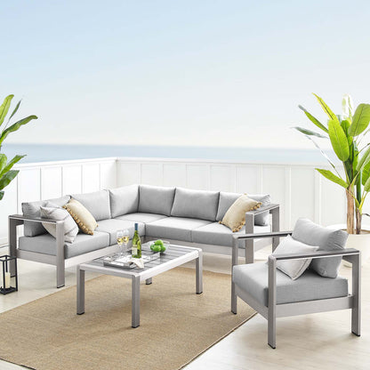 Shore Sunbrella® Fabric Outdoor Patio Aluminum 5 Piece Sectional Sofa Set, Fabric, Aluminum, Metal, Steel, Silver Grey Gray, 19761
