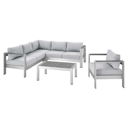 Shore Sunbrella® Fabric Outdoor Patio Aluminum 5 Piece Sectional Sofa Set, Fabric, Aluminum, Metal, Steel, Silver Grey Gray, 19761