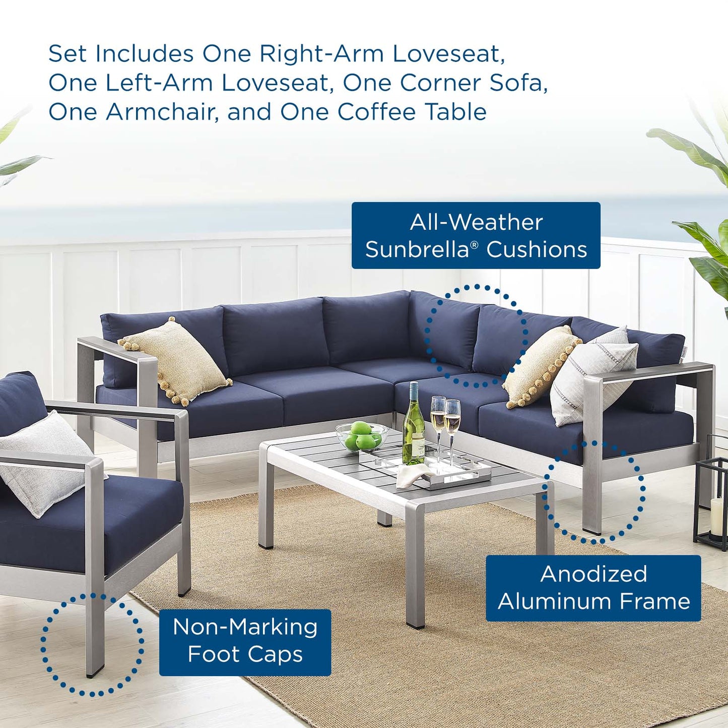 Shore Sunbrella® Fabric Outdoor Patio Aluminum 5 Piece Sectional Sofa Set, Fabric, Aluminum, Metal, Steel, Silver Blue Navy, 19762
