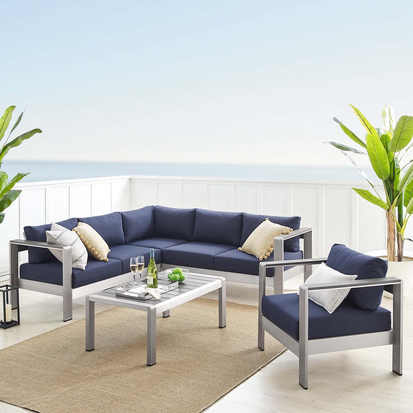 Shore Sunbrella® Fabric Outdoor Patio Aluminum 5 Piece Sectional Sofa Set, Fabric, Aluminum, Metal, Steel, Silver Blue Navy, 19762