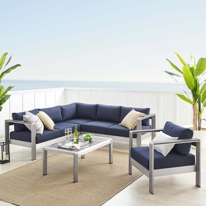 Shore Sunbrella® Fabric Outdoor Patio Aluminum 5 Piece Sectional Sofa Set, Fabric, Aluminum, Metal, Steel, Silver Blue Navy, 19762