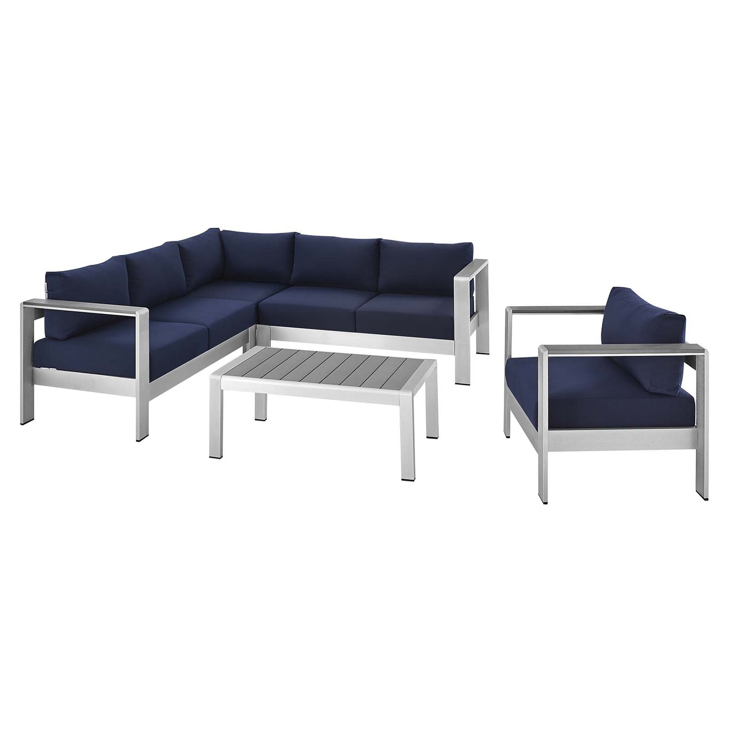 Shore Sunbrella® Fabric Outdoor Patio Aluminum 5 Piece Sectional Sofa Set, Fabric, Aluminum, Metal, Steel, Silver Blue Navy, 19762