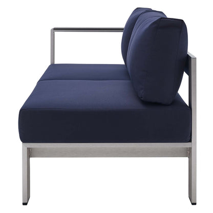 Shore Sunbrella® Fabric Outdoor Patio Aluminum 5 Piece Sectional Sofa Set, Fabric, Aluminum, Metal, Steel, Silver Blue Navy, 19762